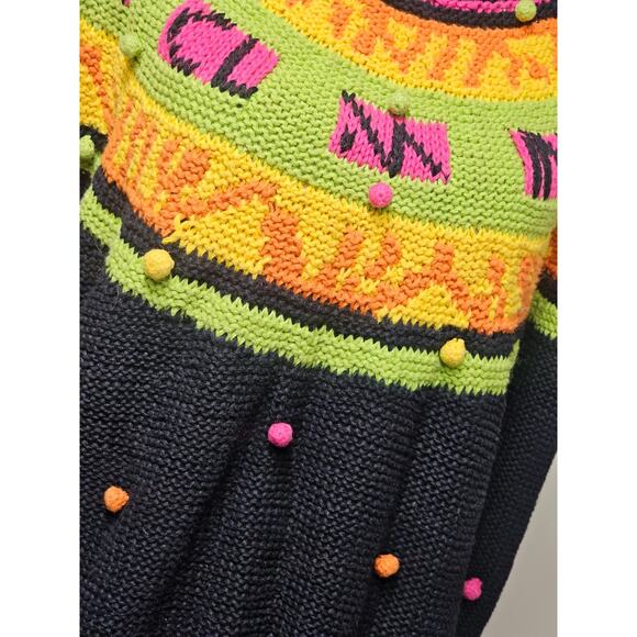 Vtg Tarazzia 80s 3D Knit Sweater FairIsle Women L PomPom Rainbow Artsy Whimsical - Picture 8 of 8